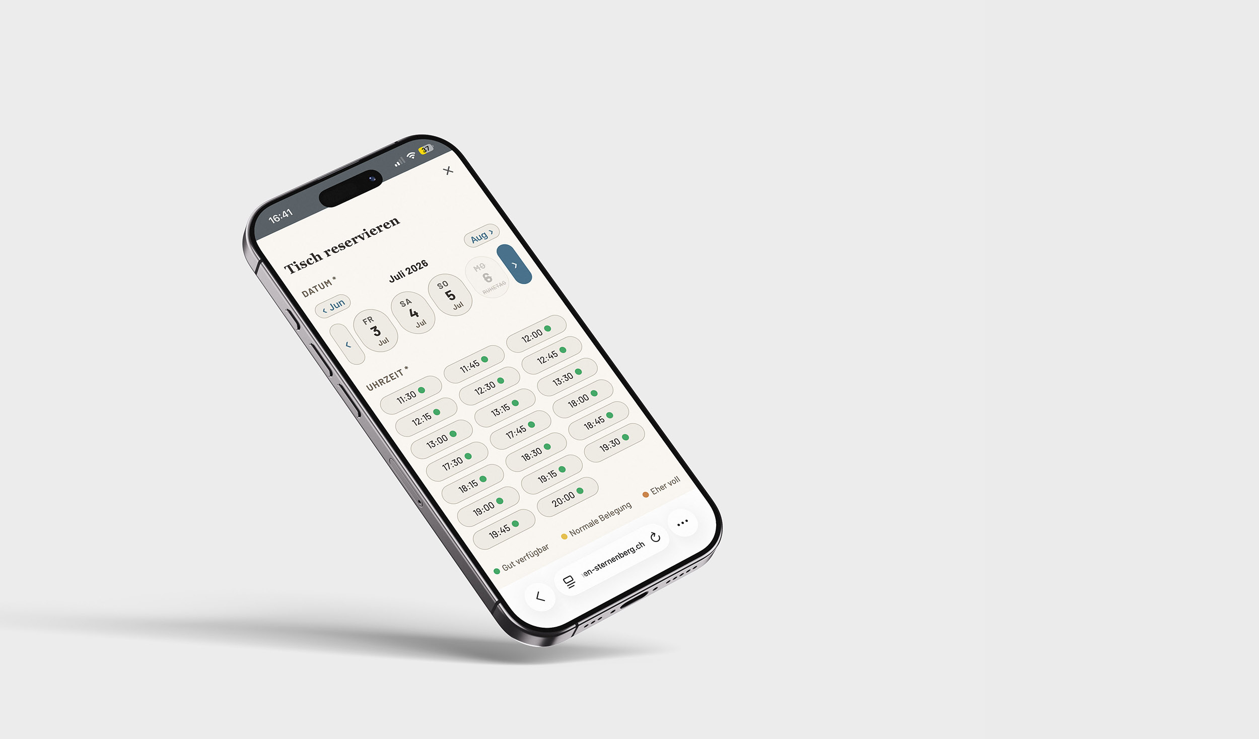 Das Tavolaa-Reservations-Fenster auf der Website des Sternen Sternenberg, geöffnet auf einem iPhone